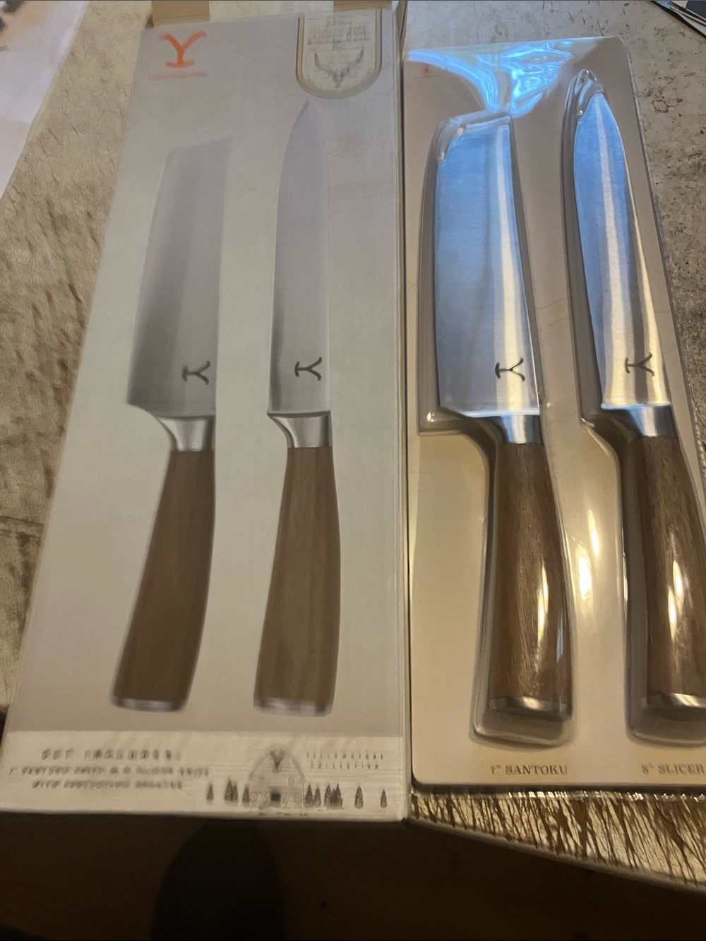 2-Piece Kitchen Knife Set — Brown Wood Handles Santoku & Slicer